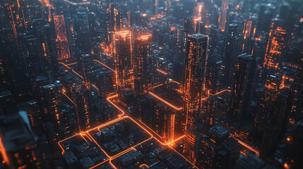Fototapeta premium Smart digital Innovation city with connection network reciprocity over the twilight cityscape. of future smart wireless digital city and social media networking systems that connects people with city 