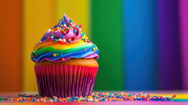 vibrant cupcake with rainbow frosting and colorful sprinkles, set against bright, striped background, evokes joy and celebration. Perfect for pride events or festive occasions
