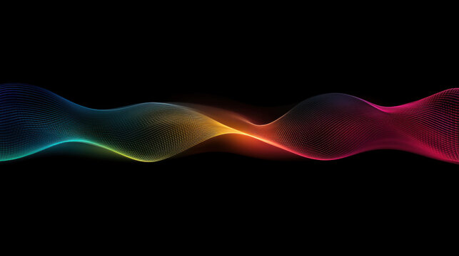 vibrant rainbow gradient wave pattern stretches across black background, creating dynamic visual effect. smooth curves and colors evoke sense of movement and energy