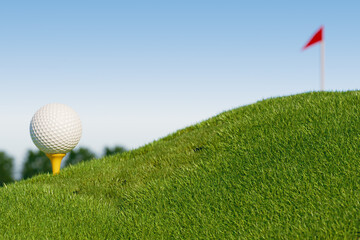 Golf ball on a tee with a flag in the background, set against a clear blue sky. 3d rendering