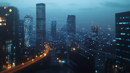 Smart digital Innovation city with connection network reciprocity over the twilight cityscape. of future smart wireless digital city and social media networking systems that connects people with city
