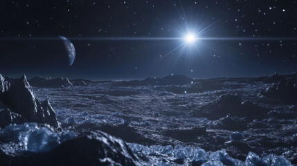 stunning cosmic scene featuring distant planet and bright star illuminating rocky, ocean like surface. vastness of space is filled with twinkling stars, creating serene atmosphere