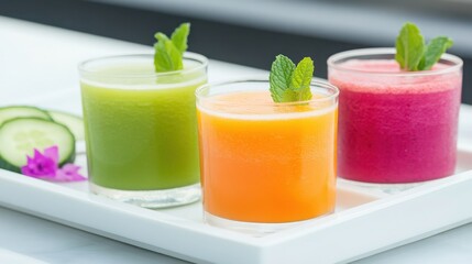 a luxurious spa setting with trays of colorful juices, including watermelon, cucumber