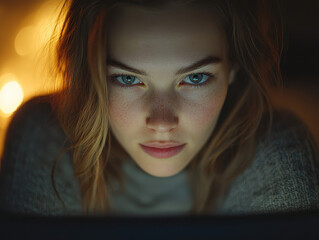 Woman editing photos with focused intensity illuminated by laptop light in a creative workspace at night