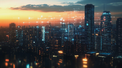 Obraz premium Smart digital Innovation city with connection network reciprocity over the twilight cityscape. of future smart wireless digital city and social media networking systems that connects people with city 