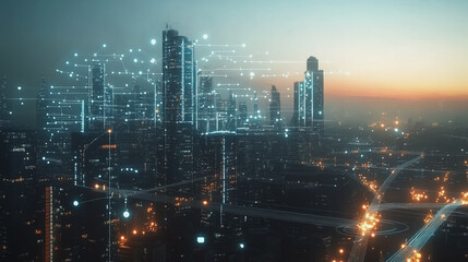 Smart digital Innovation city with connection network reciprocity over the twilight cityscape. of future smart wireless digital city and social media networking systems that connects people with city
