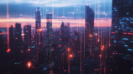 Fototapeta premium Smart digital Innovation city with connection network reciprocity over the twilight cityscape. of future smart wireless digital city and social media networking systems that connects people with city 
