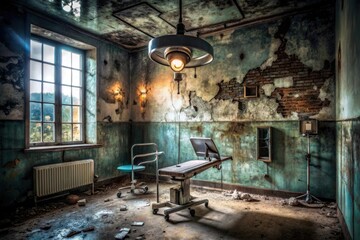 Creepy old abandoned asylum wallpaper with peeling walls, rusty medical equipment, and a sense of foreboding darkness, supernatural, atmospheric, abandoned, asylum