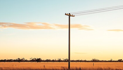 Rural sunset power line, golden field, tranquil sky, electricity infrastructure, landscape
