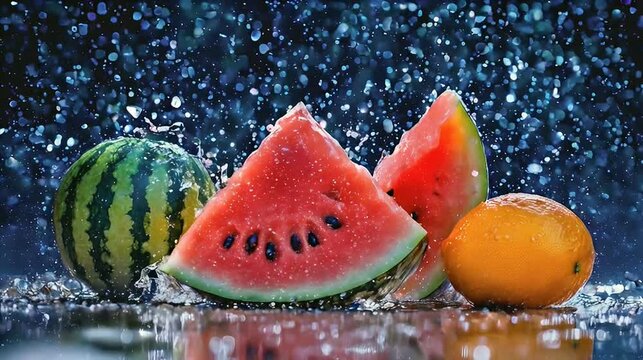 Juicy watermelon slices, orange, and whole melon under water spray