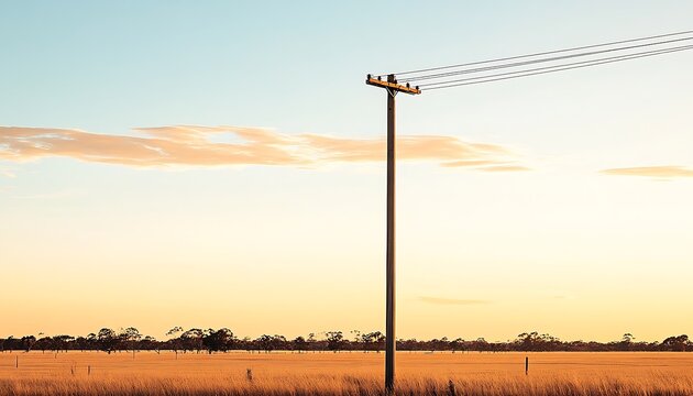 Rural sunset power line, golden field, tranquil sky, electricity infrastructure, landscape
