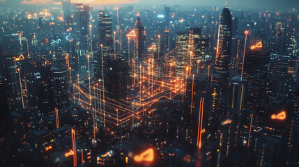 Fototapeta premium Smart digital Innovation city with connection network reciprocity over the twilight cityscape. of future smart wireless digital city and social media networking systems that connects people with city 