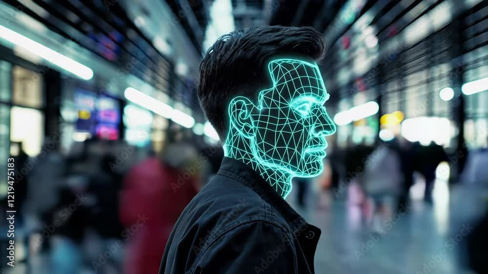 Poster Advanced facial recognition technology scans and identifies a man's face in a bustling airport terminal, highlighting the increasing use of biometric security measures in public spaces