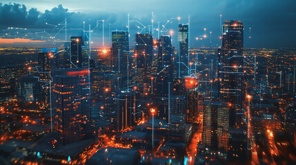 Fototapeta premium Smart digital Innovation city with connection network reciprocity over the twilight cityscape. of future smart wireless digital city and social media networking systems that connects people with city 