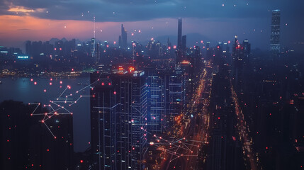 Fototapeta premium Smart digital Innovation city with connection network reciprocity over the twilight cityscape. of future smart wireless digital city and social media networking systems that connects people with city 