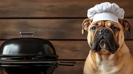 A bulldog wearing a chef hat while standing next to a tiny BBQ grill, whimsical composition, sharp-edged and fun