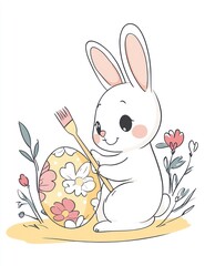 Cute bunny decorating Easter egg in floral garden; spring card