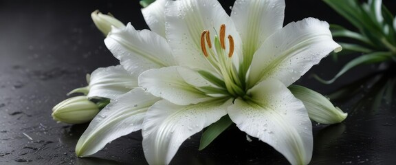 Fototapeta premium Fresh white lily with delicate dewdrops on black surface, calm, close up, droplets, garden flower