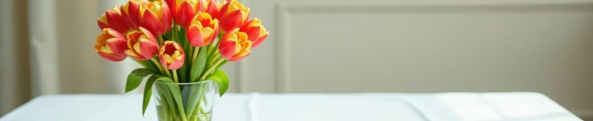 Fototapeta premium Fresh tulip bouquet in a vase on white tablecloth, colorful, spring, tablecloth