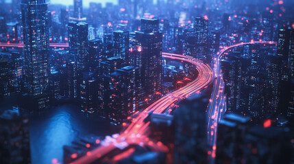 Obraz premium Smart digital Innovation city with connection network reciprocity over the twilight cityscape. of future smart wireless digital city and social media networking systems that connects people with city 