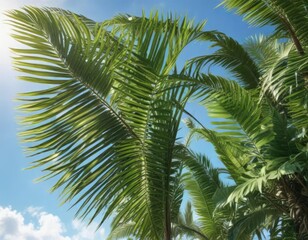 Fototapeta premium Fresh palm leaves and stems against a bright blue sky with the sunlight filtering through, nature backdrop, blue sky, leafy greens