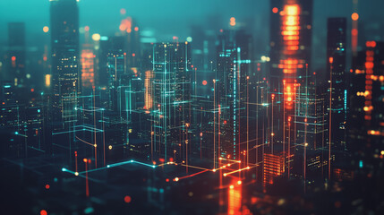 Obraz premium Smart digital Innovation city with connection network reciprocity over the twilight cityscape. of future smart wireless digital city and social media networking systems that connects people with city 