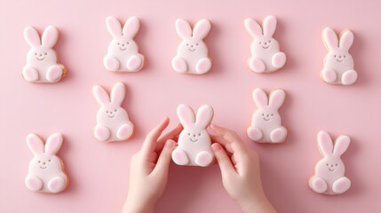 Obraz premium A person holds a cute white bunny cookie against a vibrant pink backdrop, capturing the essence of Easter festivities.