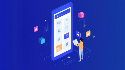 Isometric illustration of a person using a mobile phone with different icons and a dark blue background