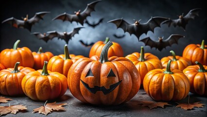 Spooky Halloween Pumpkin Bat Patch: White & Black Background Stock Photo