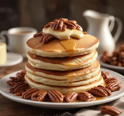 Fluffy pancakes stacked high on a plate with a medley of pecans scattered across the top, food, syrup, stack