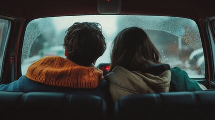Two people in a car find solace in one another's embrace.
