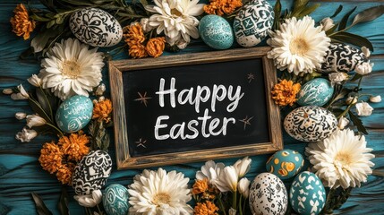 A chalkboard displays "Happy Easter" surrounded by vibrant flowers, celebrating the joy of the holiday.