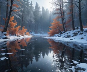 Naklejka premium Falling snowflakes covering a frozen pond in the middle of a forest, frozen water, icy lake