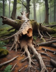 Fallen tree trunk with roots and branches exposed after falling down on the forest floor, trunk, forest floor