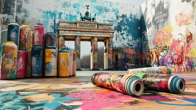 A vibrant Berlin map with graffiti-inspired designs and landmark highlights like the Brandenburg Gate.