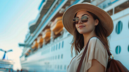 Fototapeta premium Woman wearing a straw hat and sunglasses stands in front of a cruise ship