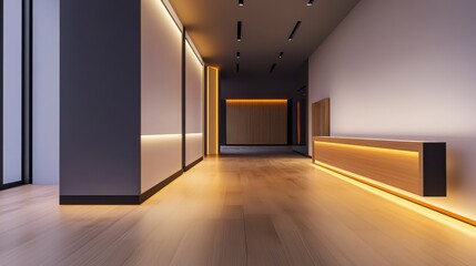 Modern hallway interior featuring elegant lighting and minimalist design, creating a serene atmosphere