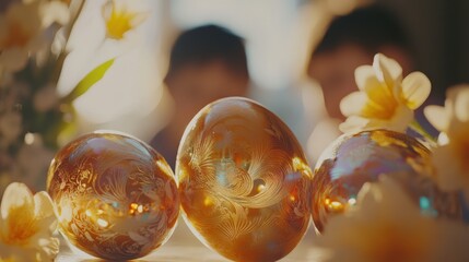 Three golden eggs rest on a table adorned with vibrant flowers, symbolizing the joy and renewal of Easter celebrations.