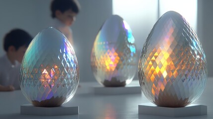 Three decorative glass lamps shaped like eggs illuminate a room, embodying the festive spirit of Easter.
