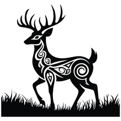 Tribal Deer Silhouette with Decorative Swirl Patterns - Artistic Black and White Vector Design