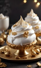 Elegant white and gold meringue dessert with festive decorations, gold, party, delicious, Christmas