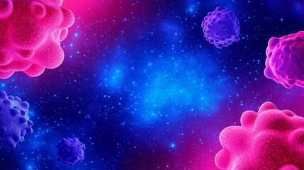 Microscopic Cellular Structures - Abstract image depicting vibrant pink and purple cells against a cosmic blue background. Ideal for medical, science, or technology related projects.