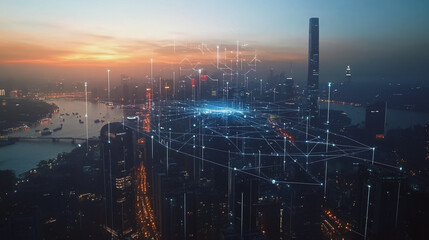 Smart digital Innovation city with connection network reciprocity over the twilight cityscape. of future smart wireless digital city and social media networking systems that connects people with city
