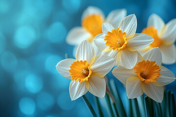 Fototapeta premium Daffodils bloom brightly against a teal background