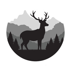 Deer Silhouette in Mountain Landscape - Black and White Wildlife Vector Illustration