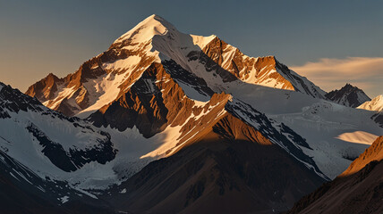 Fototapeta premium Peak of snow-covered mountain at sunrise during the golden hour.
