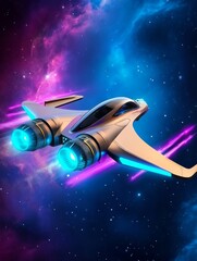 Naklejka premium Neon Starfighter: Galactic Pursuit - Futuristic spaceship, neon lights, cosmic background, interstellar travel, speed and adventure. Symbolizing: technological advancement, exploration, freedom, power