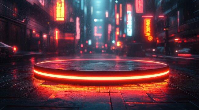 Cyberpunk City Stage: A futuristic circular stage bathed in vibrant neon lights glows in the heart of a rain-slicked cyberpunk city, ready for a product showcase or presentation.