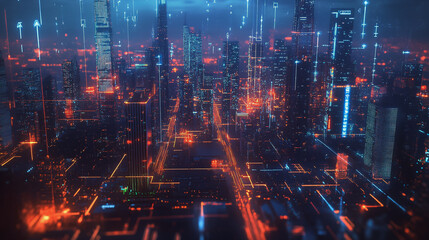 Obraz premium Smart digital Innovation city with connection network reciprocity over the twilight cityscape. of future smart wireless digital city and social media networking systems that connects people with city 