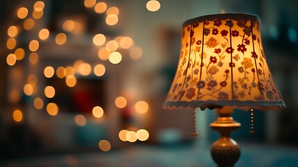 Illuminated Table Lamp With Floral Shade Bokeh Background